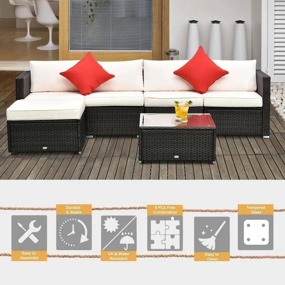 Outsunny 6 Pieces Outdoor PE Rattan Sofa Set, Sectional Conversation Wicker Patio Couch Furniture Set with Cushions and Coffee Table, White