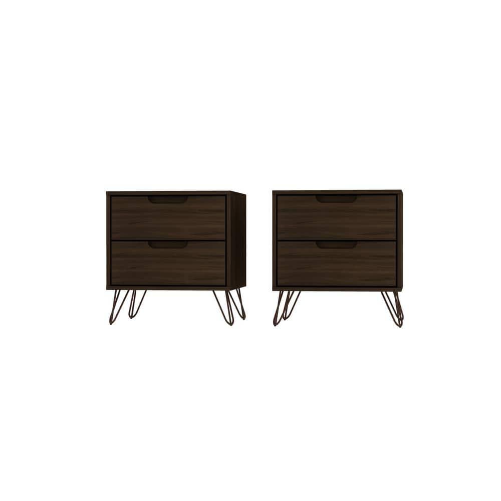 Set of 2 Rockefeller 2 Drawer Nightstands Brown - Manhattan Comfort: Mid-Century Design, Metal Legs, MDF Construction