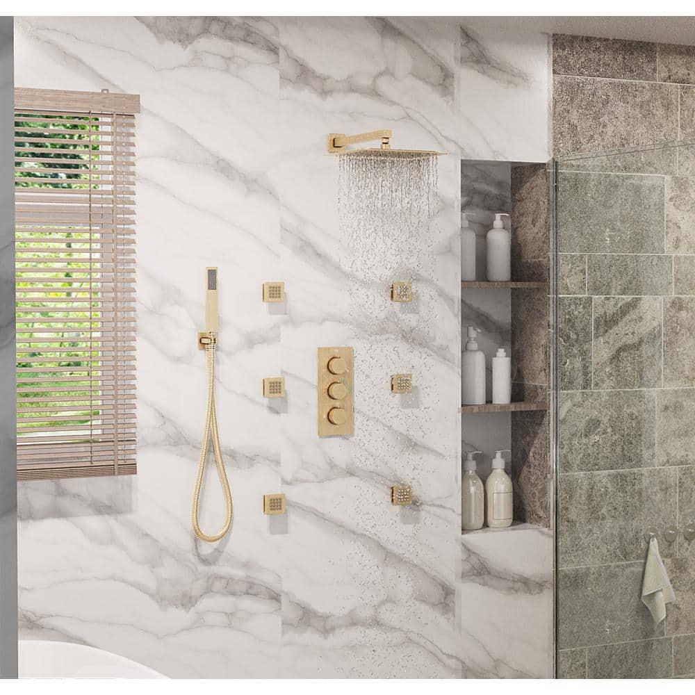 3 Functions Wall Mount Thermostatic Complete Shower System with 6 Body Jets, Rough-in Valve