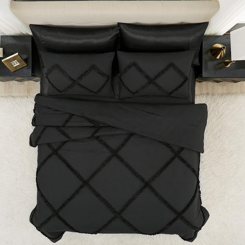 Full Black Microfiber Diamond Ruffle Reversible Comforter Set