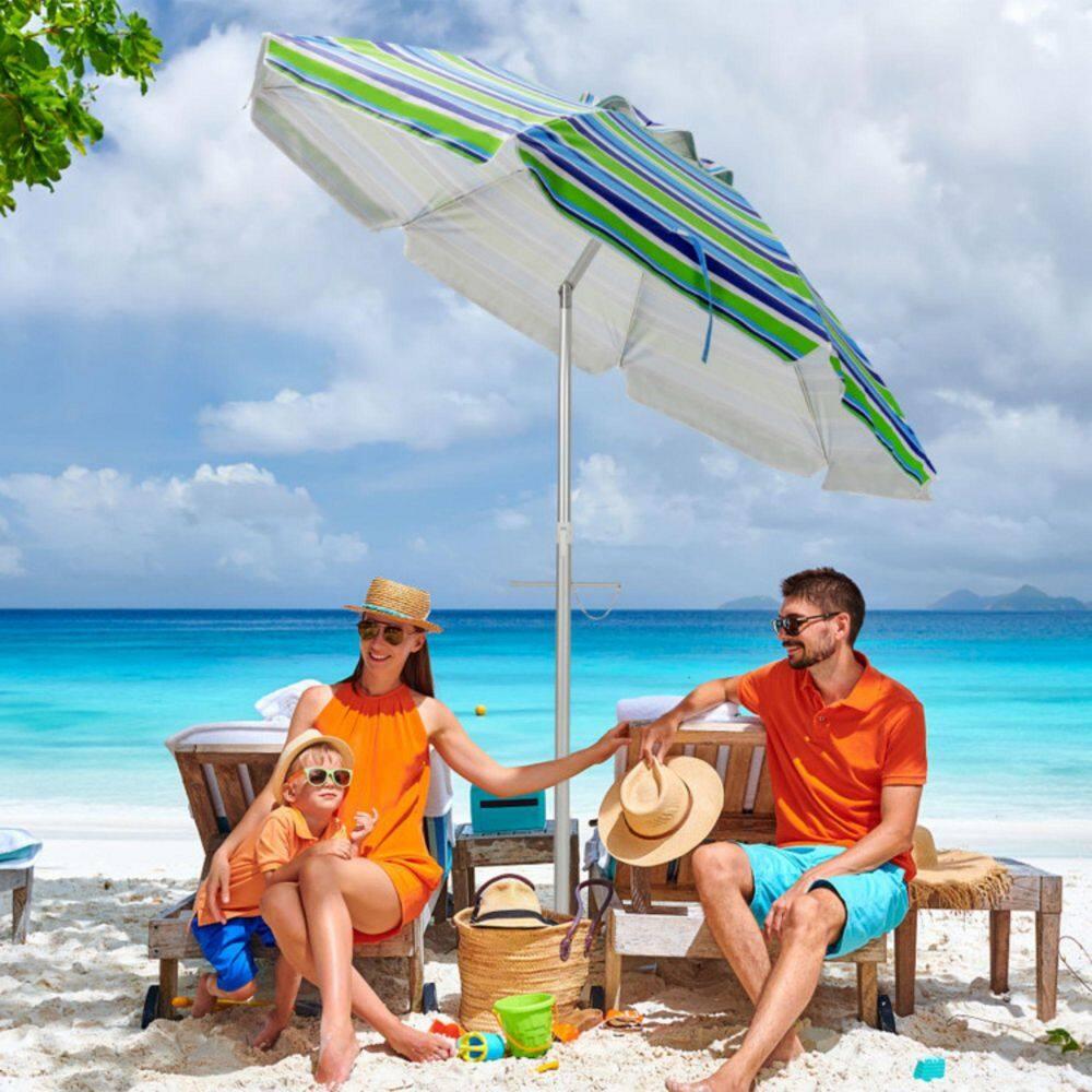 Tangkula 6.5Ft Beach Umbrella w/ Tilt Mechanism Sand Anchor Carrying Bag Blue + Green