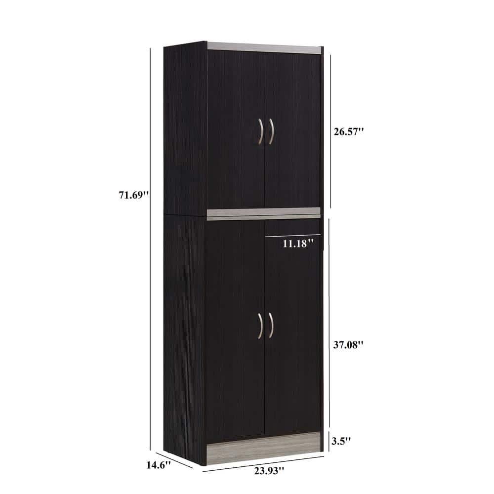 Hodedah 4 Door Kitchen Pantry 4 Shelves 5 Compartments in Chocolate-Grey Wood