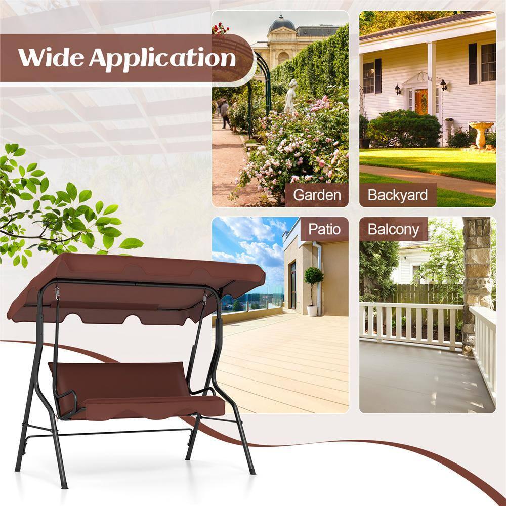 Tangkula 3 Person Porch Swing, Patio Swing with Removable Cushion & Powder-Coated Steel Frame, Outdoor Swing with Canopy for Porch, Backyard, Garden, Balcony (Coffee)