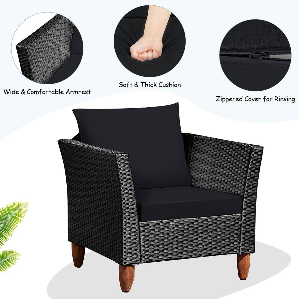 Costway 3PCS Outdoor Patio Rattan Furniture Set Wooden Table Top Cushioned Sofa Black