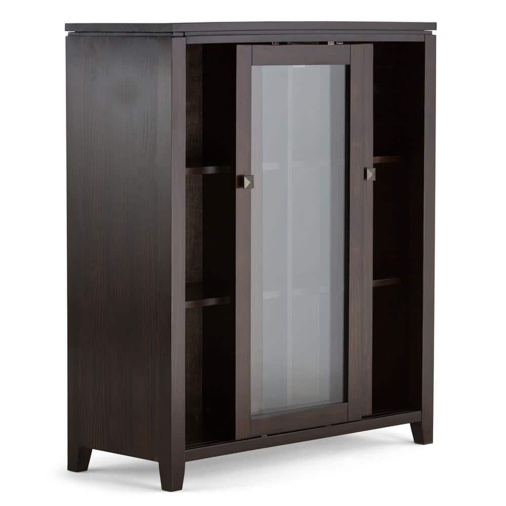 Simpli Home Cosmopolitan 36"W Solid Wood 4-Shelf Contemporary Medium Storage Cabinet with Sliding Glass Doors