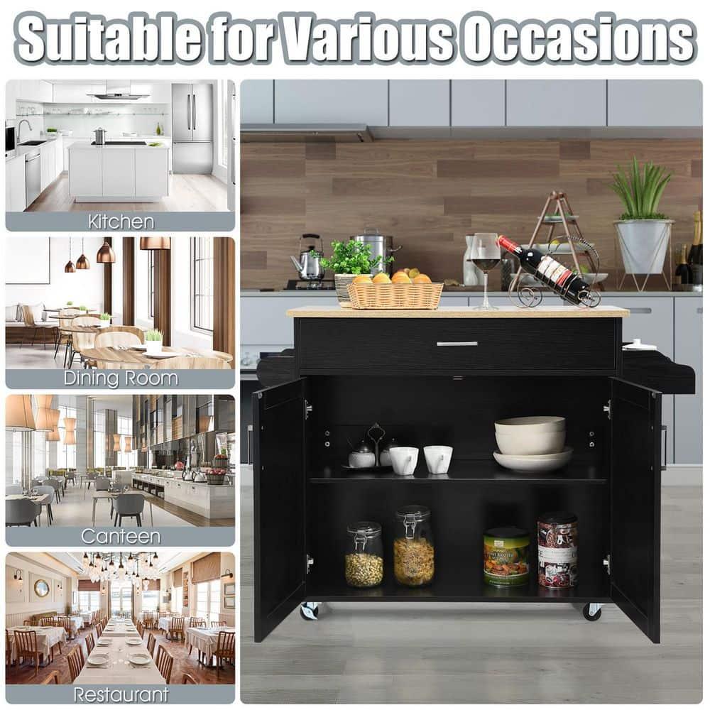 Black Fir Wood Rolling Kitchen Cart with Spice Rack and Storage