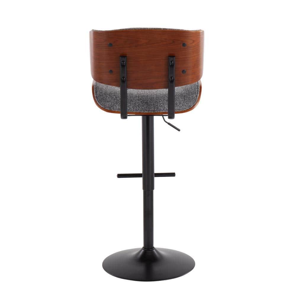Lombardi Mid-Century Modern Barstool In Black Metal And Grey Noise Fabric With Walnut Wood Accent