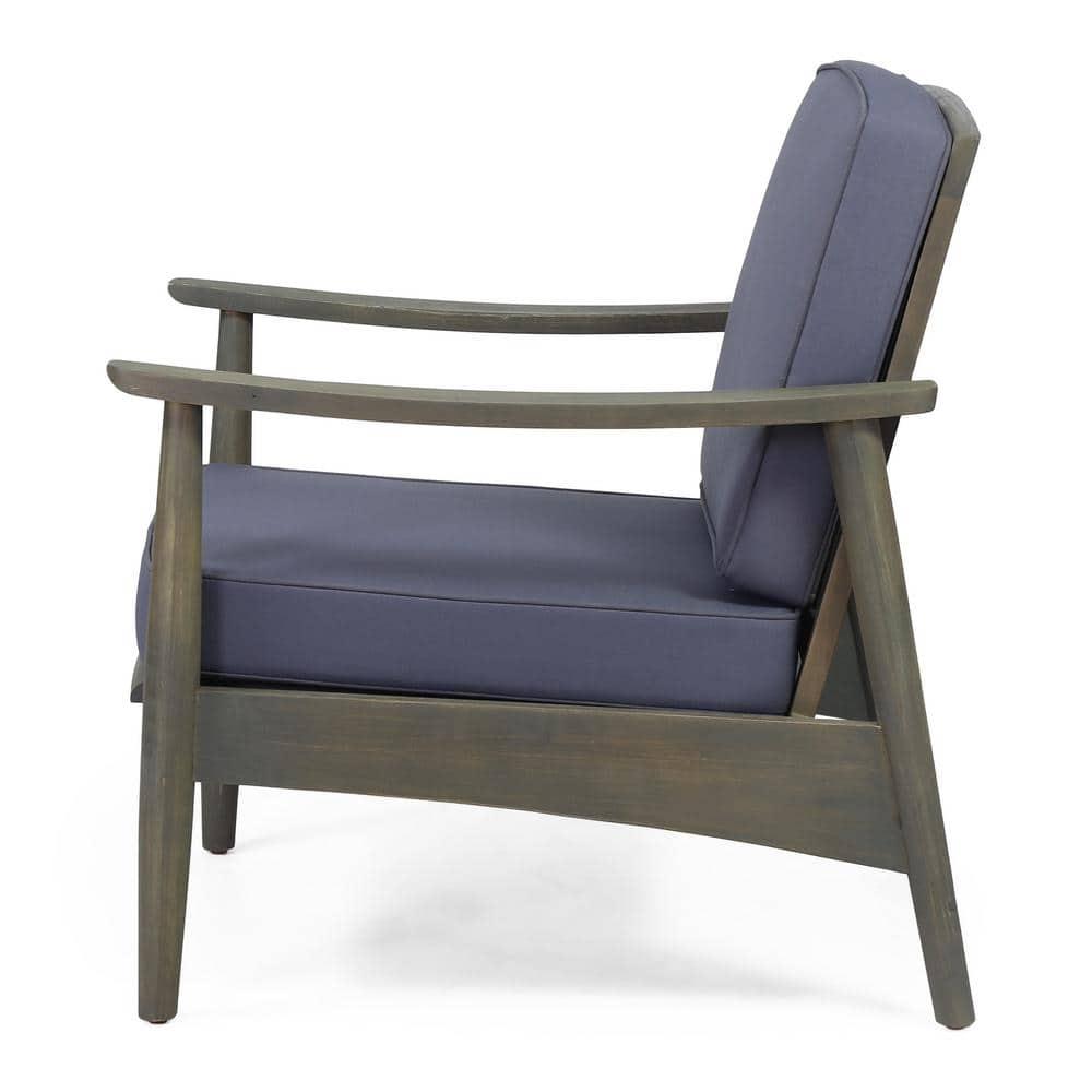 Greta Acacia Wood Outdoor Club Chair with Dark Gray Cushion, Set of 2, Black