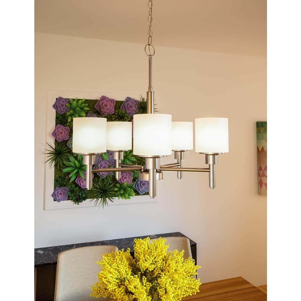 Design House 556639 Aubrey Transitional 5-Light Indoor Chandelier Dimmable Frosted Glass for Entryway Dining Room Foyer, Satin Nickel
