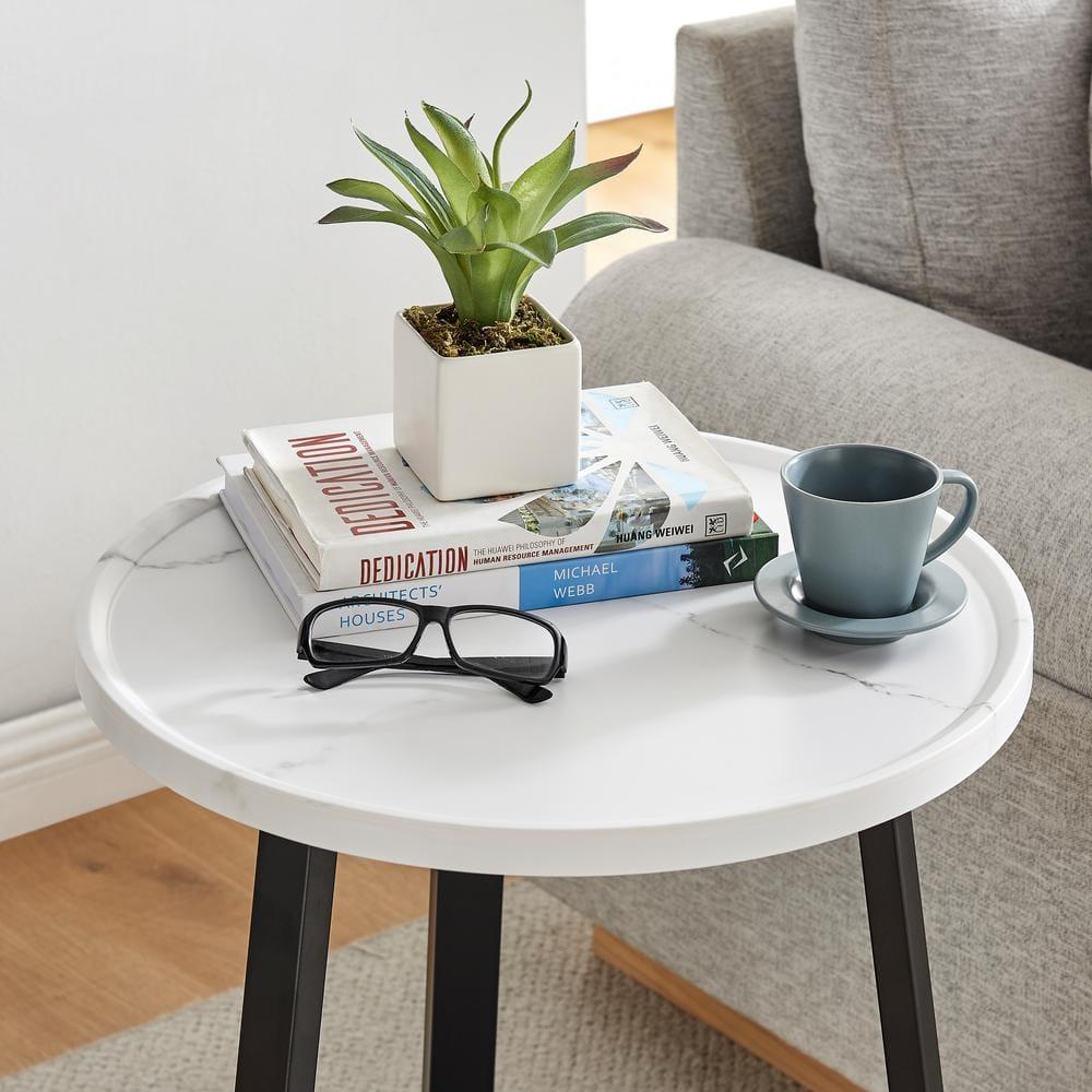 Danya B. 23.3"x19.7" Harper Round Mid-Century Side Accent Table with Modern Pedestal Legs White Marble/Black: Chic Furniture for Living Room