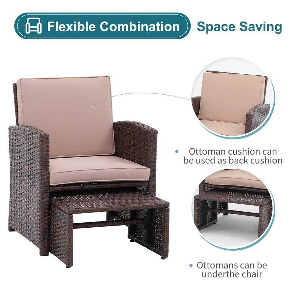 5-Piece Patio Conversation Set Balcony Furniture Set with Beige Cushions, Brown Wicker Chair with Ottoman, Storage Table for Backyard, Garden, Porch