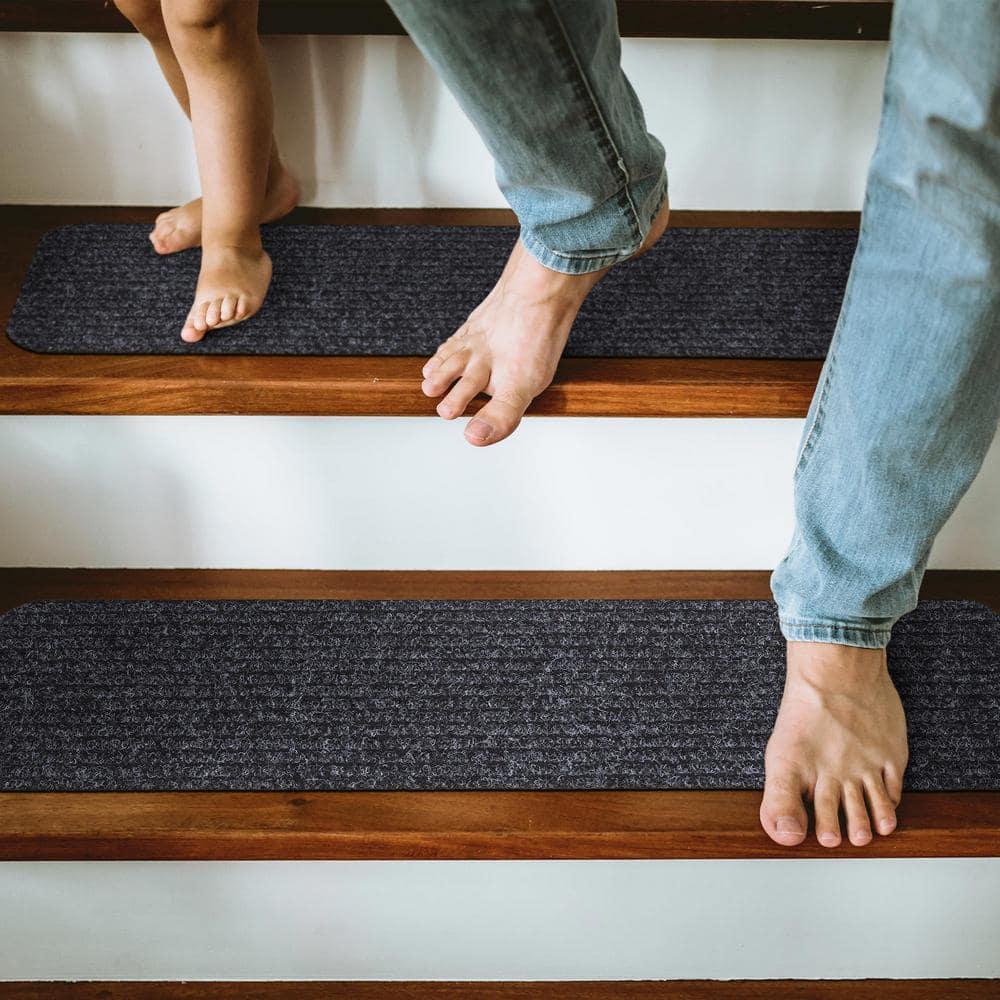 Ottomanson Non-Slip Rubberback Solid Design 8" x 30" Indoor/Outdoor Stair Treads, 7 Pack, Black