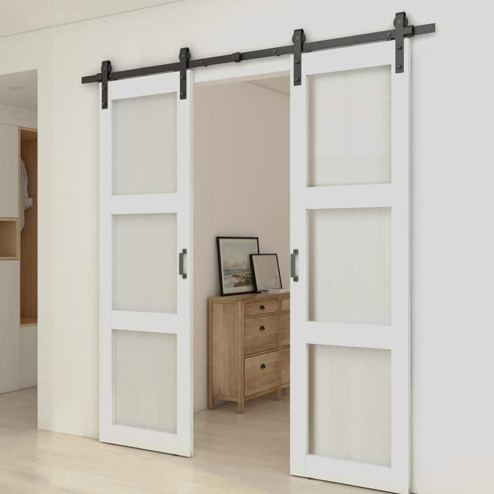 Calhome 3-Lite Tempered Frosted Glass White Finished Composite Double Sliding Barn Door with Hardware Kit Handle