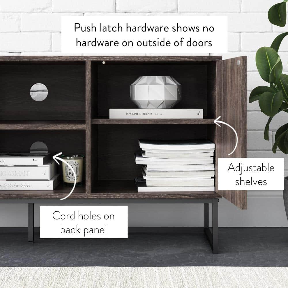 Nathan James Dylan Media Console Cabinet TV Stand with Hidden Storage Herringbone Pattern Wood Metal, Gray/Black