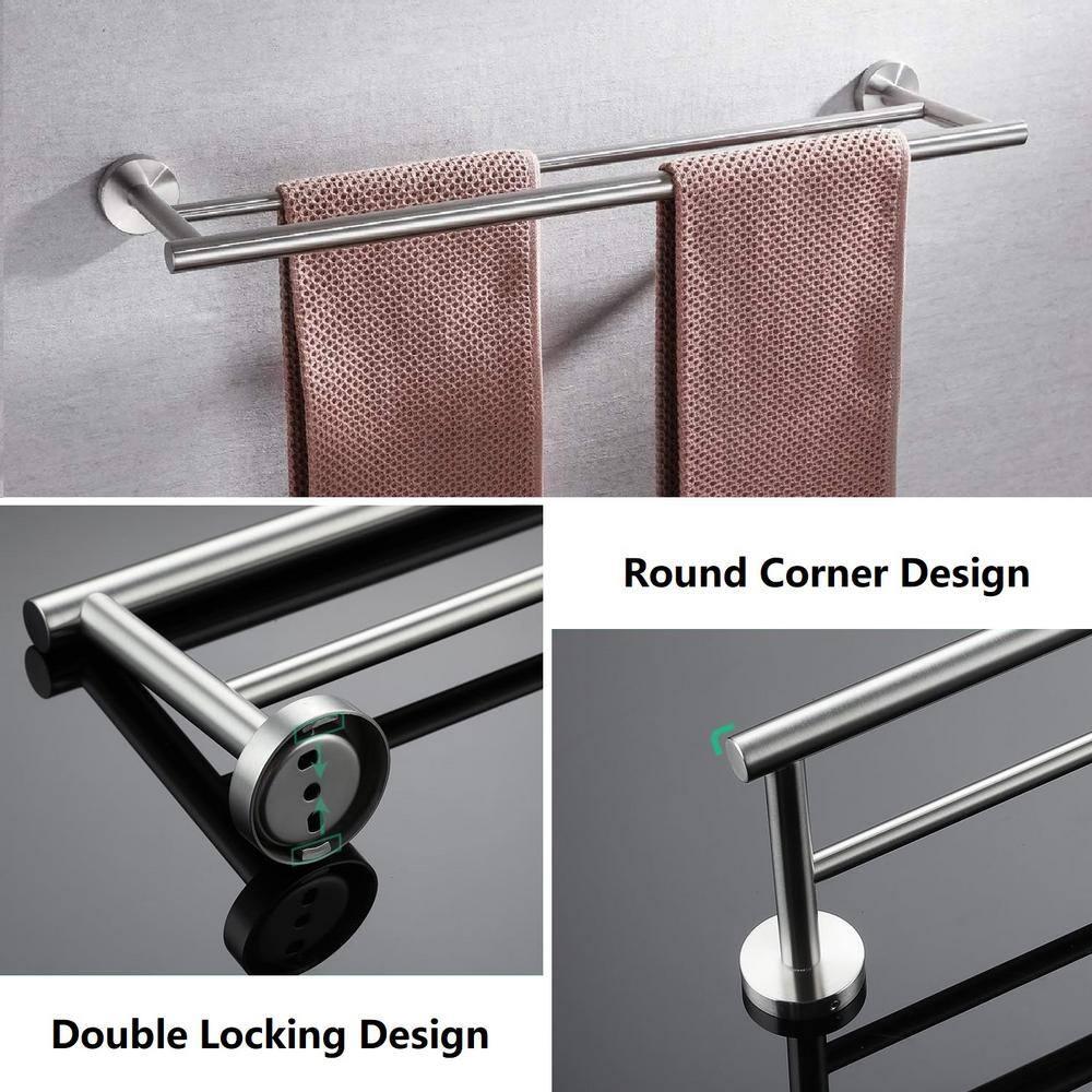 4-Piece Bathroom Accessories Set Brushed Stainless Steel Wall Mount - Includes Double Towel Bar, Hand Towel Rack, Toilet Paper Holder, Robe Hooks, BS100S4-BN