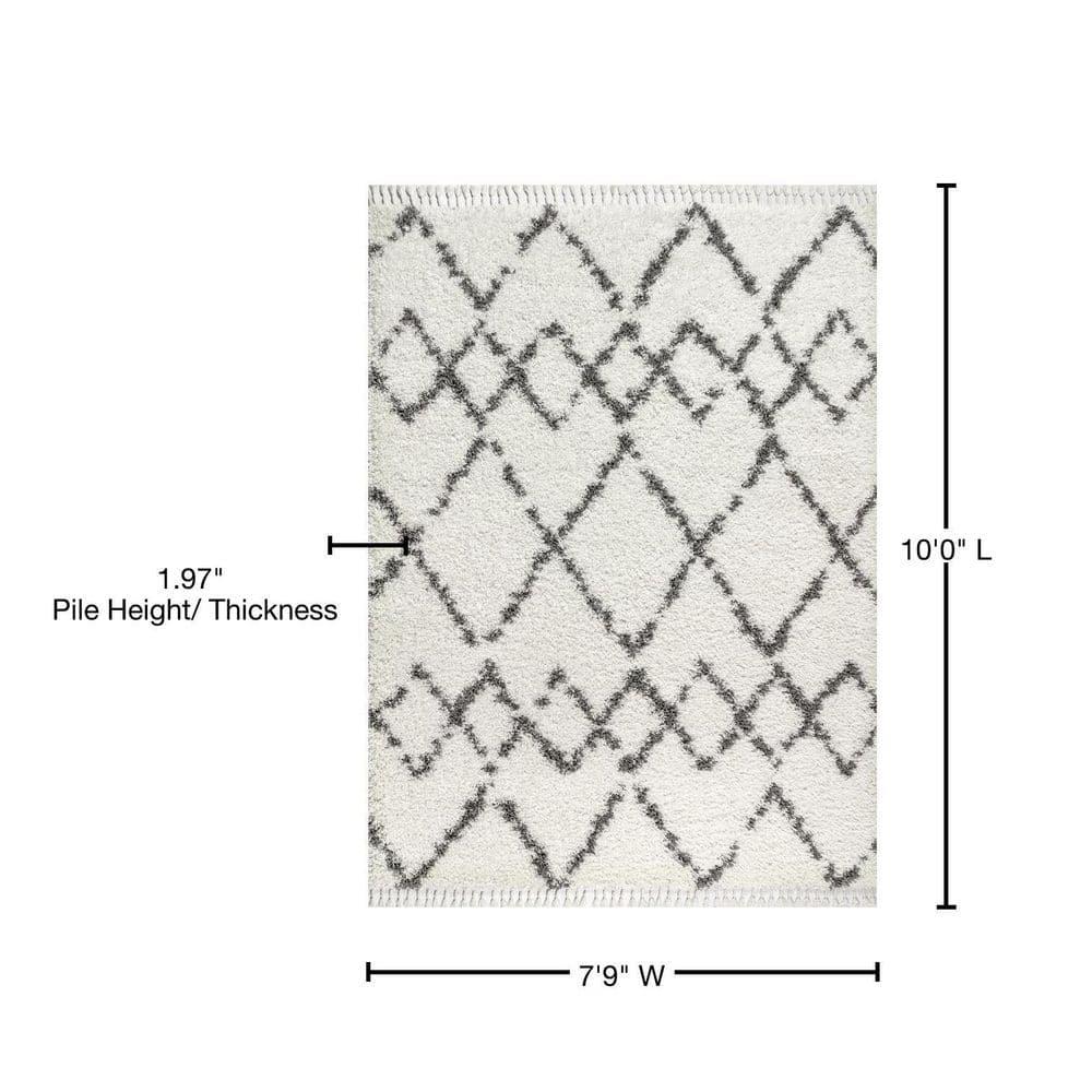 8'x10' Mercer Shag Plush Tassel Moroccan Geometric Trellis Area Rug, Cream/Grey - JONATHAN Y