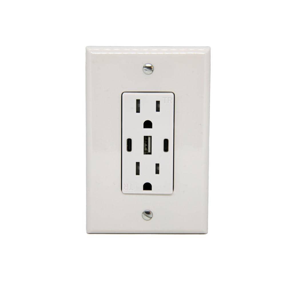 6.0A USB Outlet, 3-Port 30W Wall Outlets with 2 Type C & 1 Type A, 15 Amp Receptacle Plug, Tamper Resistant Receptacle, Standard Wall Plate Included, ETL Listed, White, 1 Pack