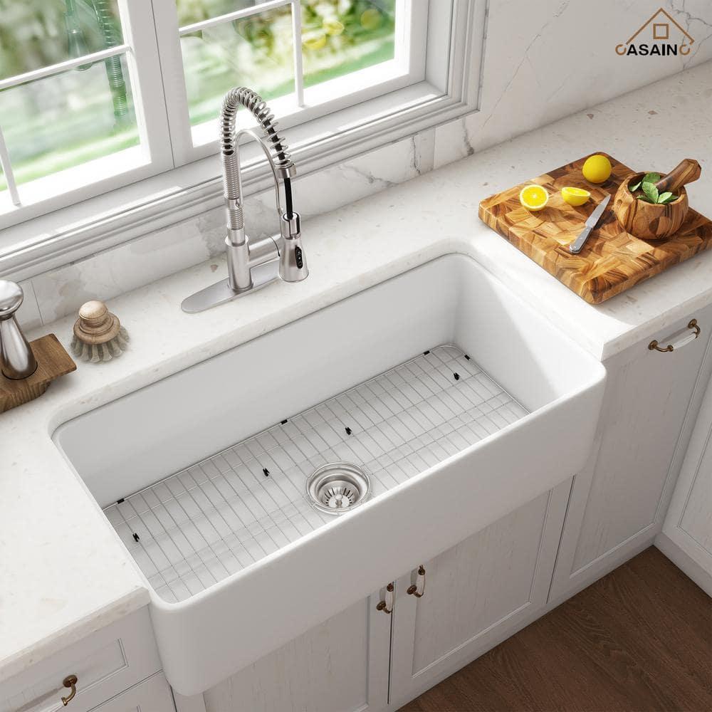 CASAINC Single Bowl White Fireclay Farmhouse Kitchen Sink With Faucet Included