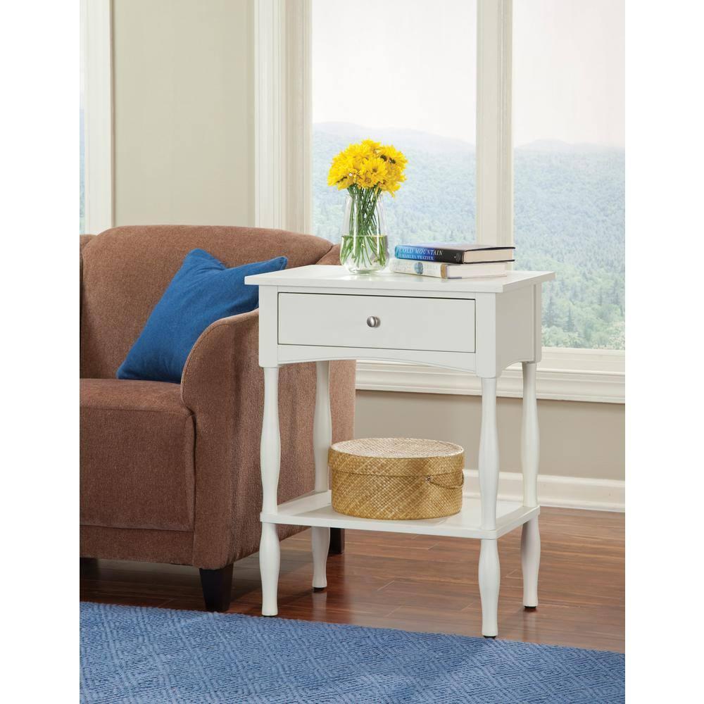 End Table Hardwood Ivory with Drawer & Shelf - Alaterre Furniture: Cottage Style, Turned Legs