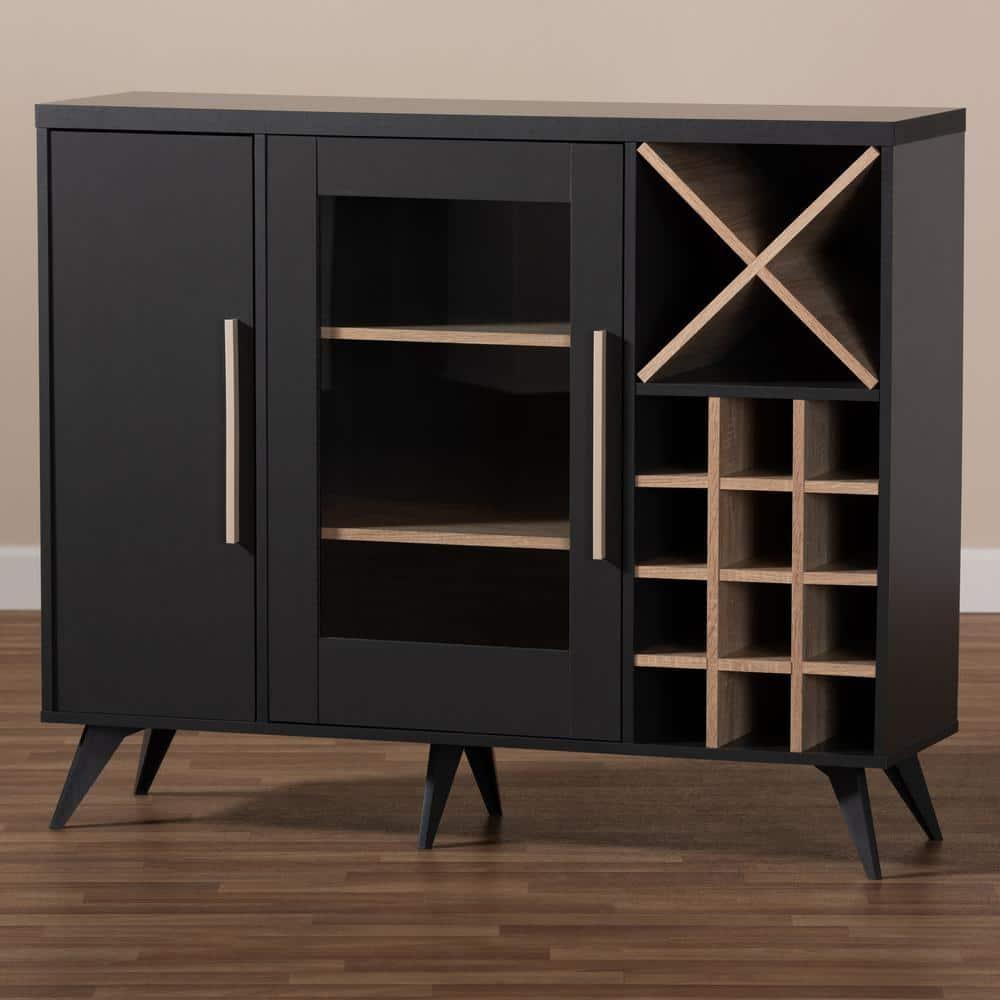 Baxton Studio Pietro Mid-Century Modern Dark Grey and Oak Finished Wine Cabinet