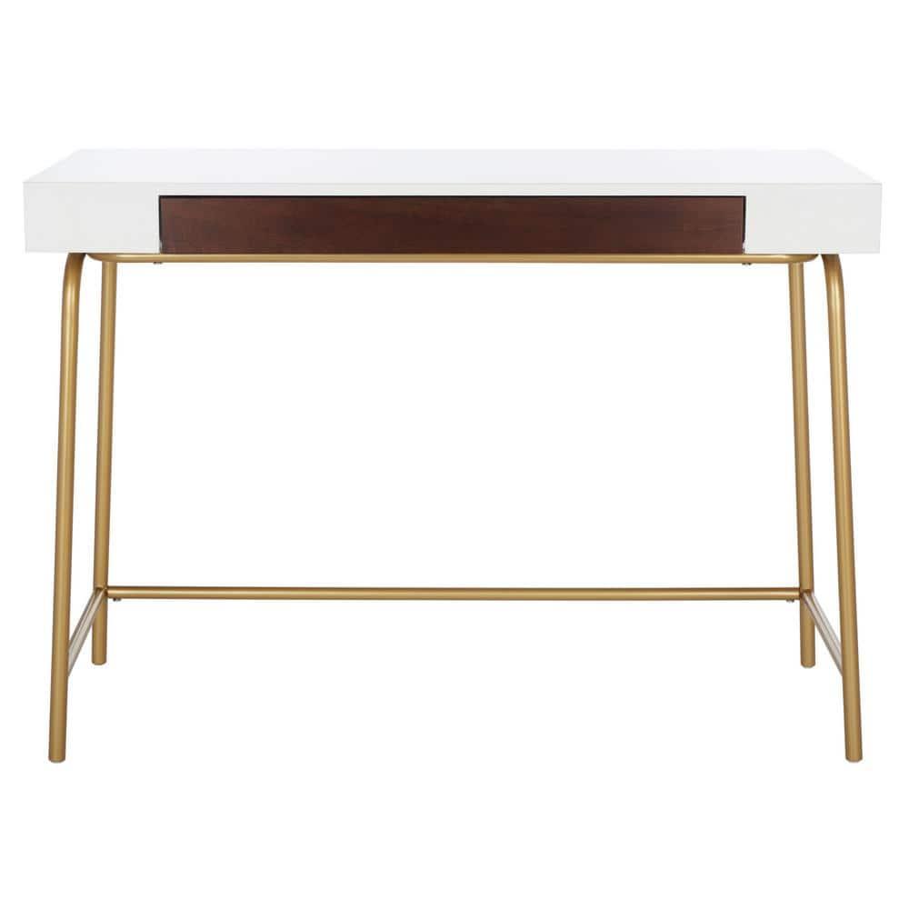 SAFAVIEH Nola Wood 1-Drawer Writing Desk, White/Brown/Gold