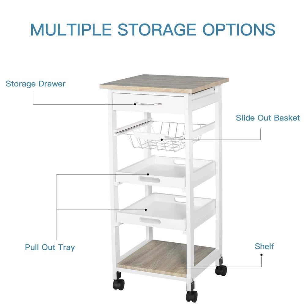 HOMCOM Mobile Rolling Kitchen Island Trolley Serving Cart with Underneath Drawer & Slide-Out Wire Storage Basket, White