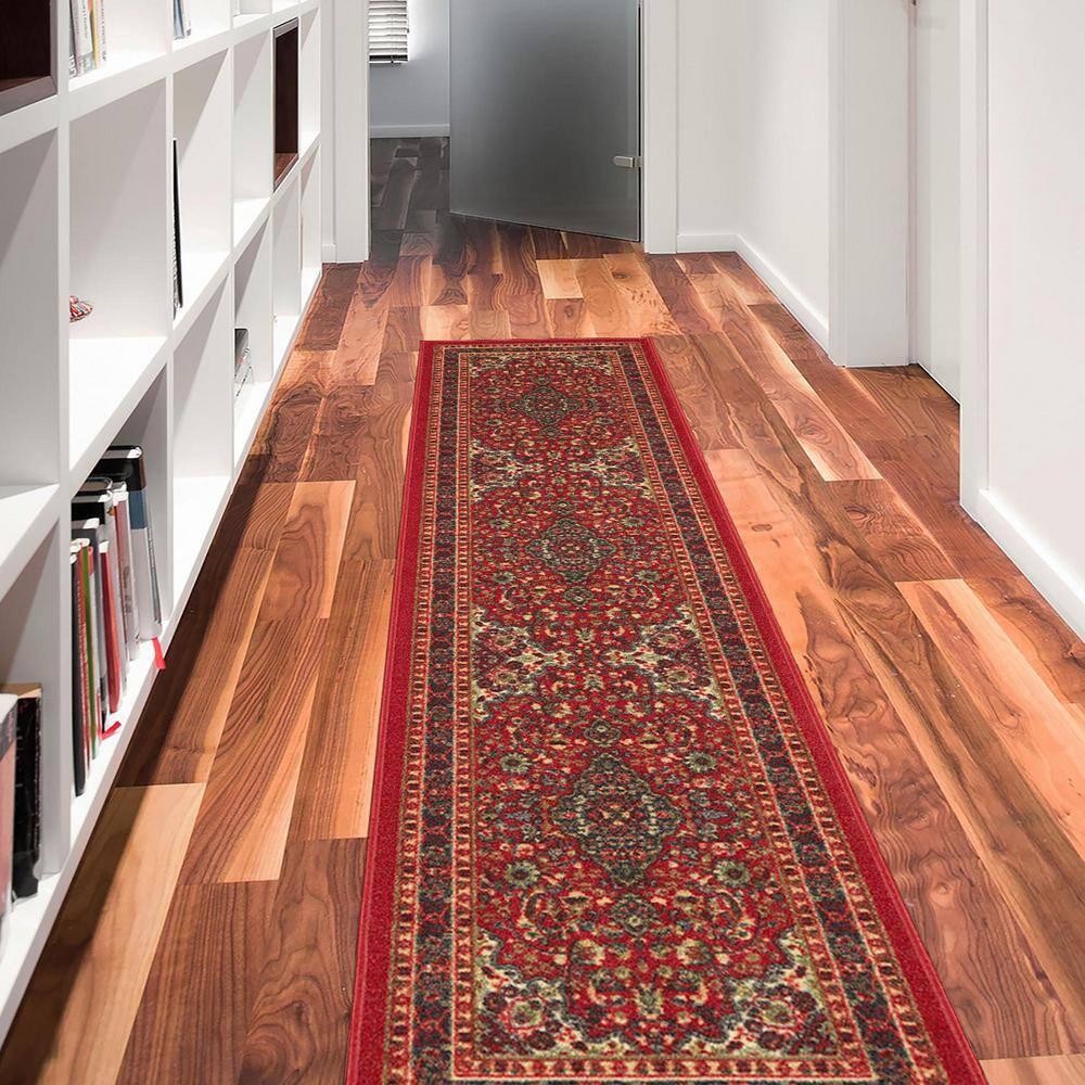 Ottohome Non-Slip Medallion Oriental Area Rug For Living Room, Hallway, Entryway Rug, Dark Red