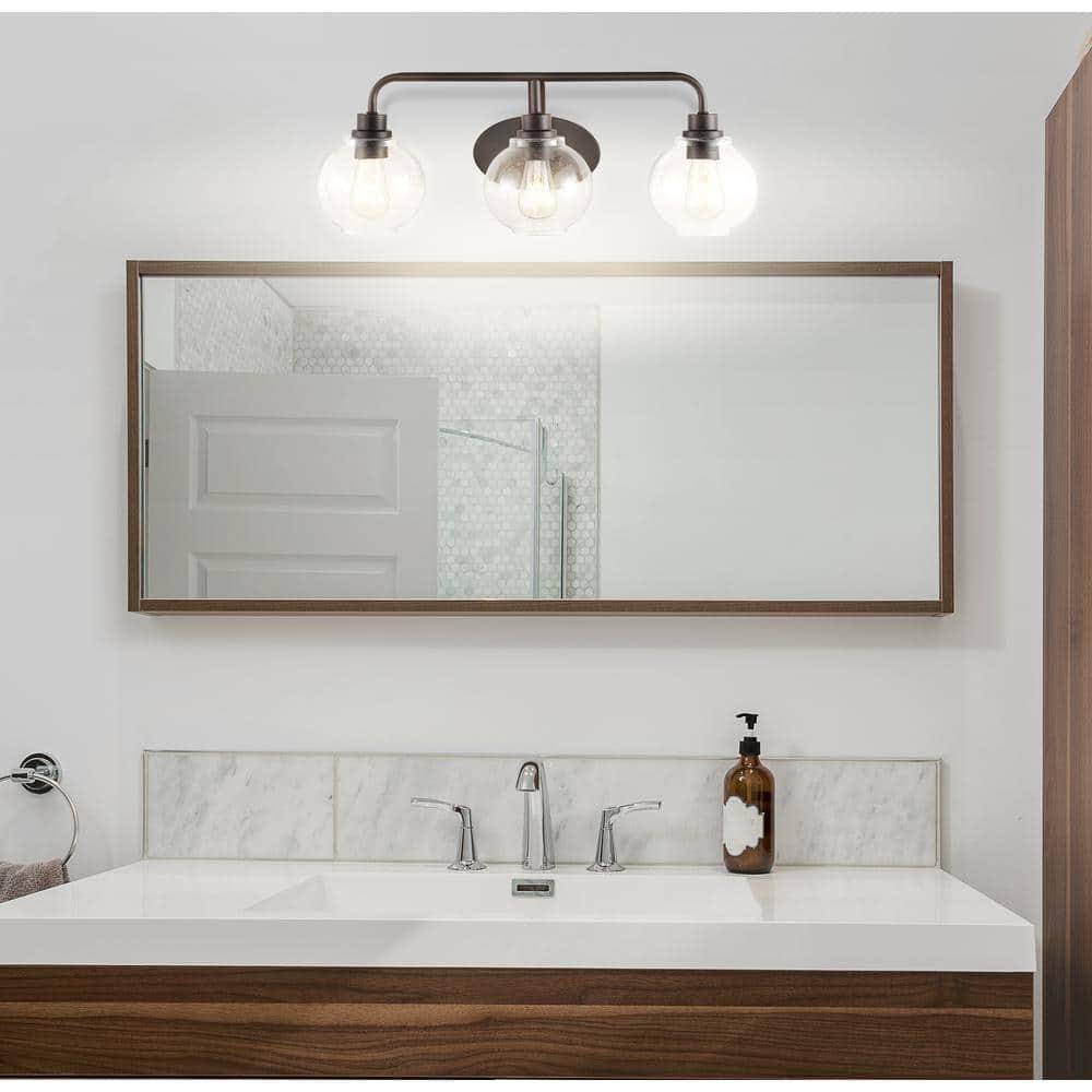 JONATHAN Y Sandrine 26.25" 3-Light Iron/Seeded Glass Cottage Rustic LED Vanity Light, Oil Rubbed Bronze