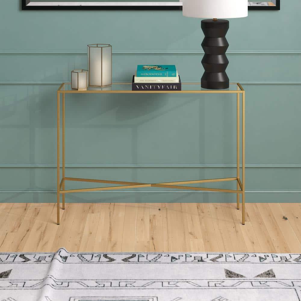 Evelyn&Zoe Henley 42" Wide Rectangular Console Table with Glass Top, Brass