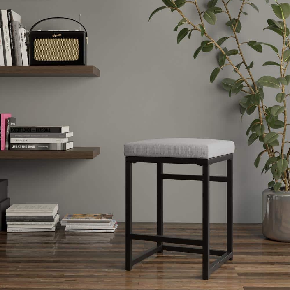 HomePop 24" Open Back Metal Counter Height Barstool Light Gray: Upholstered Square Seat, No Assembly Required