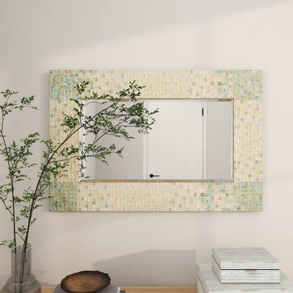DecMode 24" x 36" Cream Handmade Mosaic Wall Mirror with Blue Corners