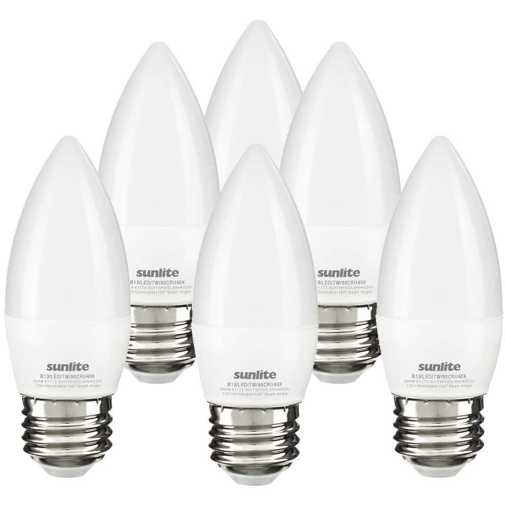 Sunlite LED B13 Decorative Chandelier Light Bulb, 7 Watts (60W=), 500 Lumens, 120 Volts, Dimmable, E26 Base,  90 CRI, ETL Listed, Torpedo Frosted, Title-20, 4000K Cool White, 6 Pack