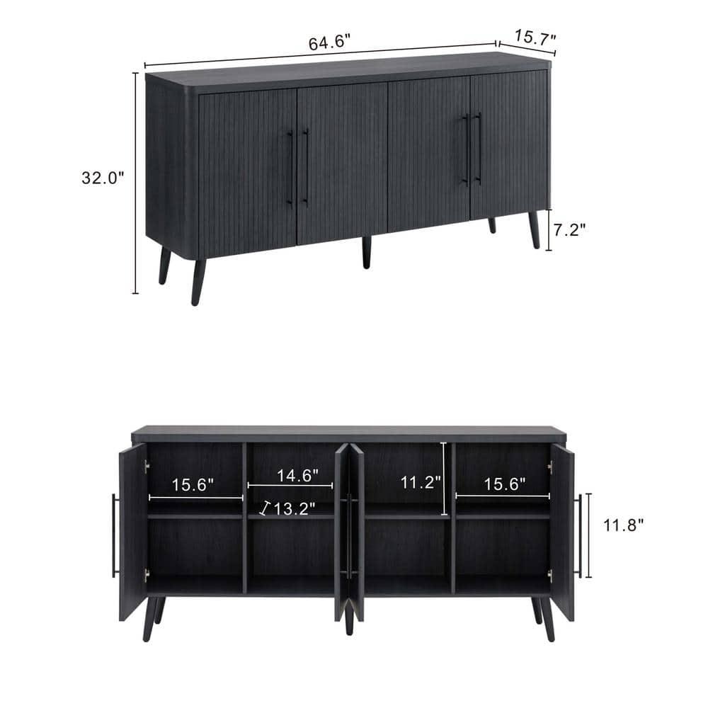 Manhattan Comfort Jodie 65" Mid-Century Modern Sideboard with 8 Adjustable Shelves in Charcoal Gray