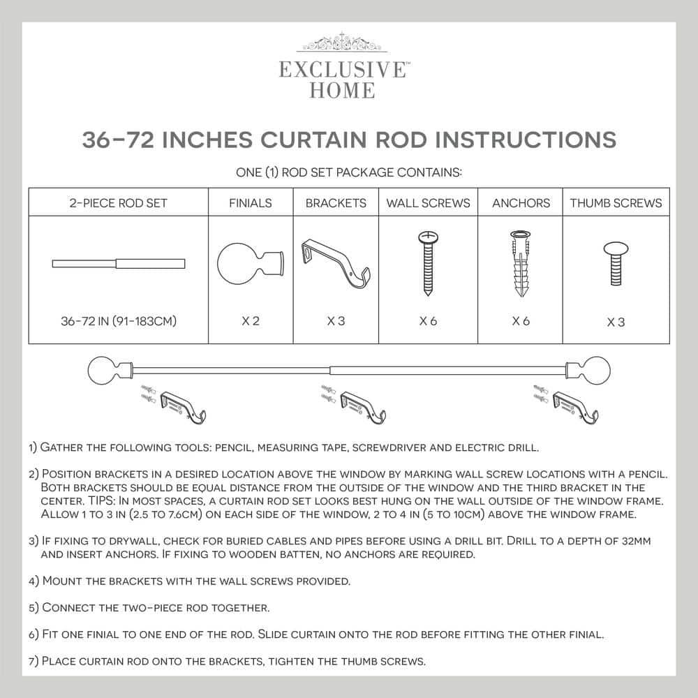 EXCLUSIVE HOME Rope Knot 1" Curtain Rod and Coordinating Finial Set, Matte White, Adjustable 36"-72"