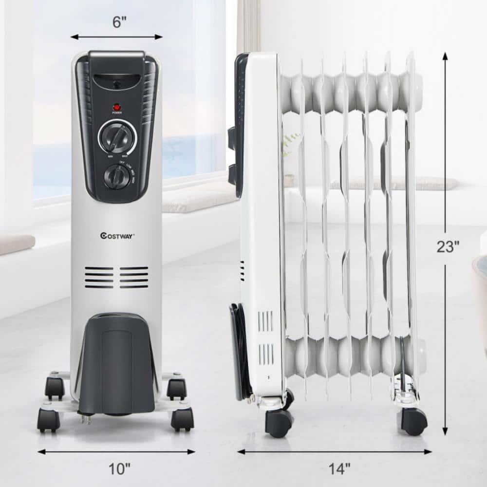 Topcobe 1500W Oil Filled Radiator with Thermostat and 4 Bottom Wheels, Easy-Mount Heater for Indoor Use, Energy Efficient, Safety, White