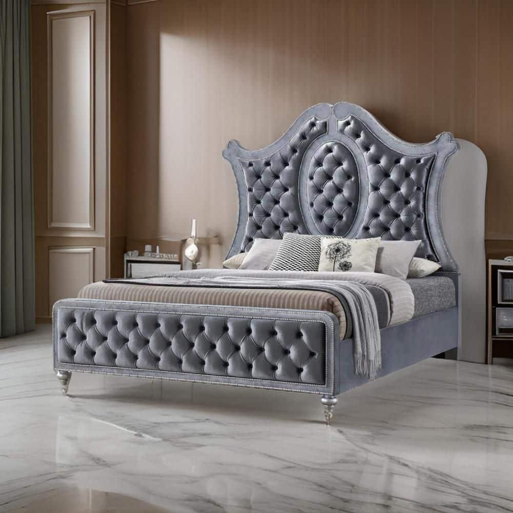Benjara Rall King Size Bed, Curved Wood Headboard, Tufted Gray Fabric Upholstery
