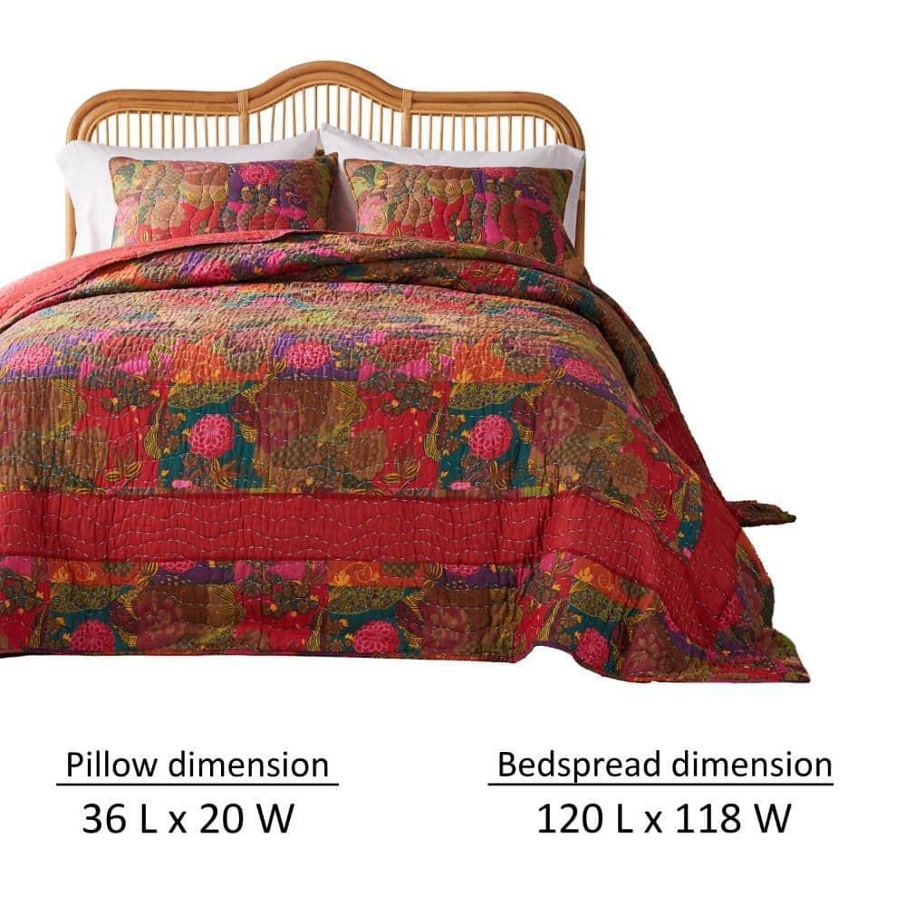 Benjara Lewi 3pc King Quilt Set, Kantha Style Dark Red Floral Cotton Microfiber
