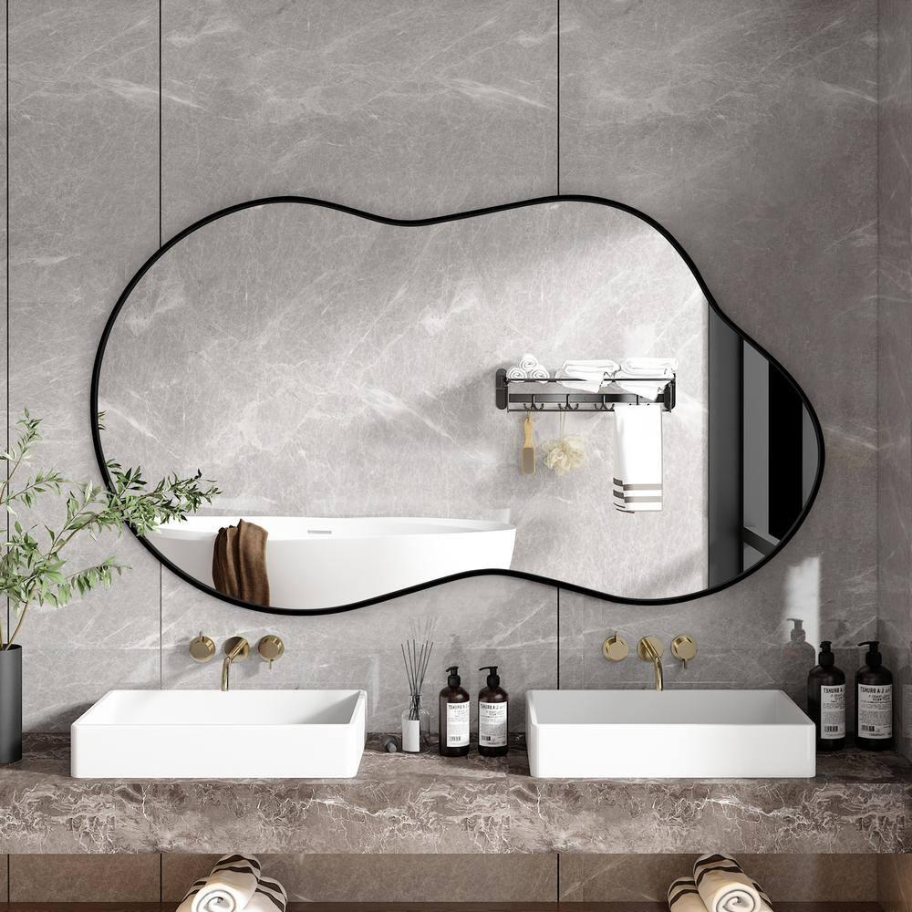 Funtouch Irregular Wall Mirrors 24"x 36" Cloud Shaped Mirrors for Bathroom, Aluminum Alloy Frame Black