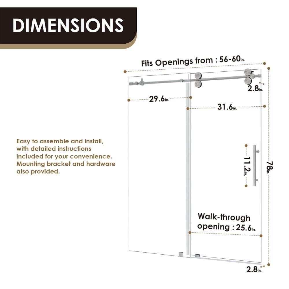 56" - 60" W x 78" H Single Sliding Frameless Shower Door