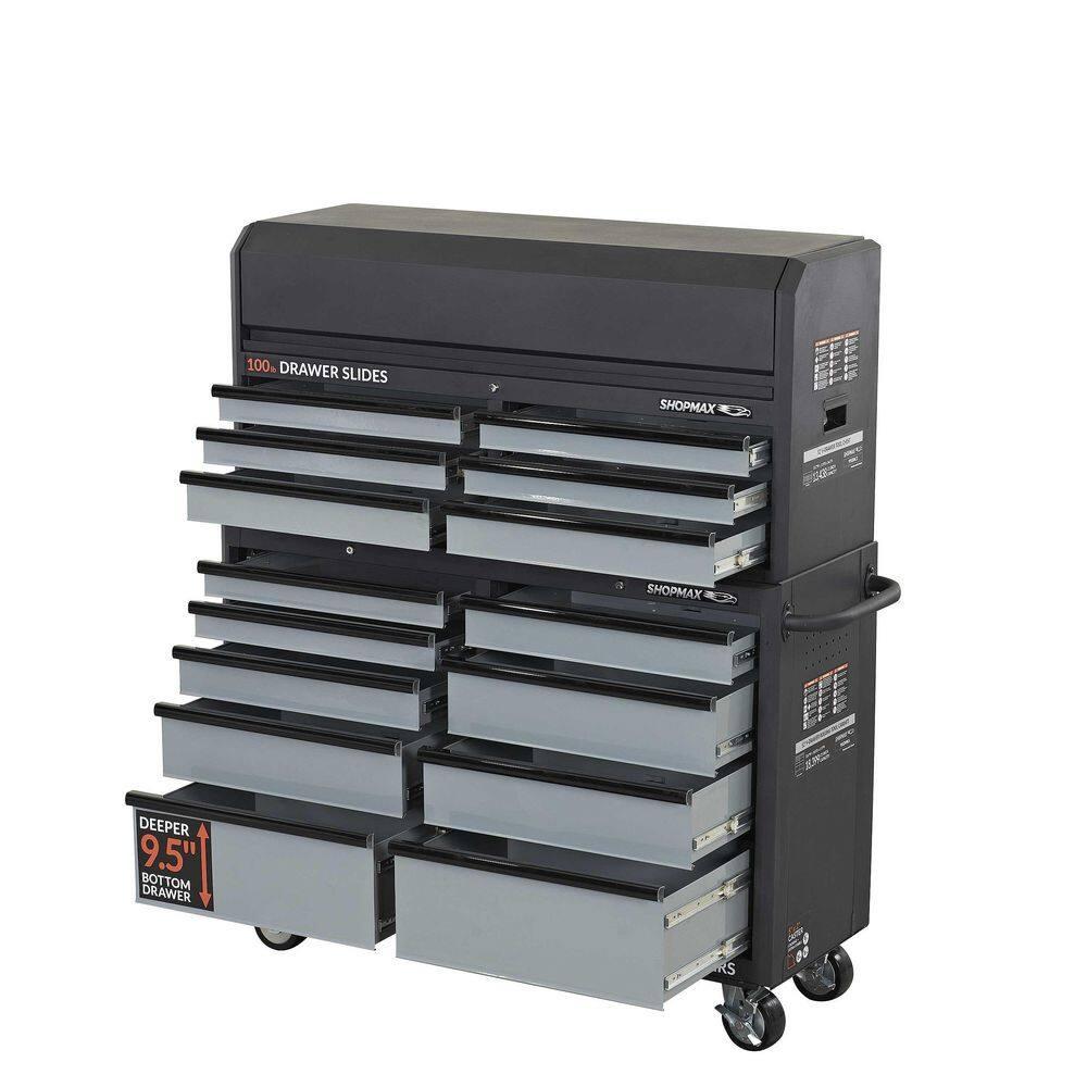 SHOPMAX, 100 lb, 52" Steel 15-Drawer Tool Chest and Rolling Cabinet Black
