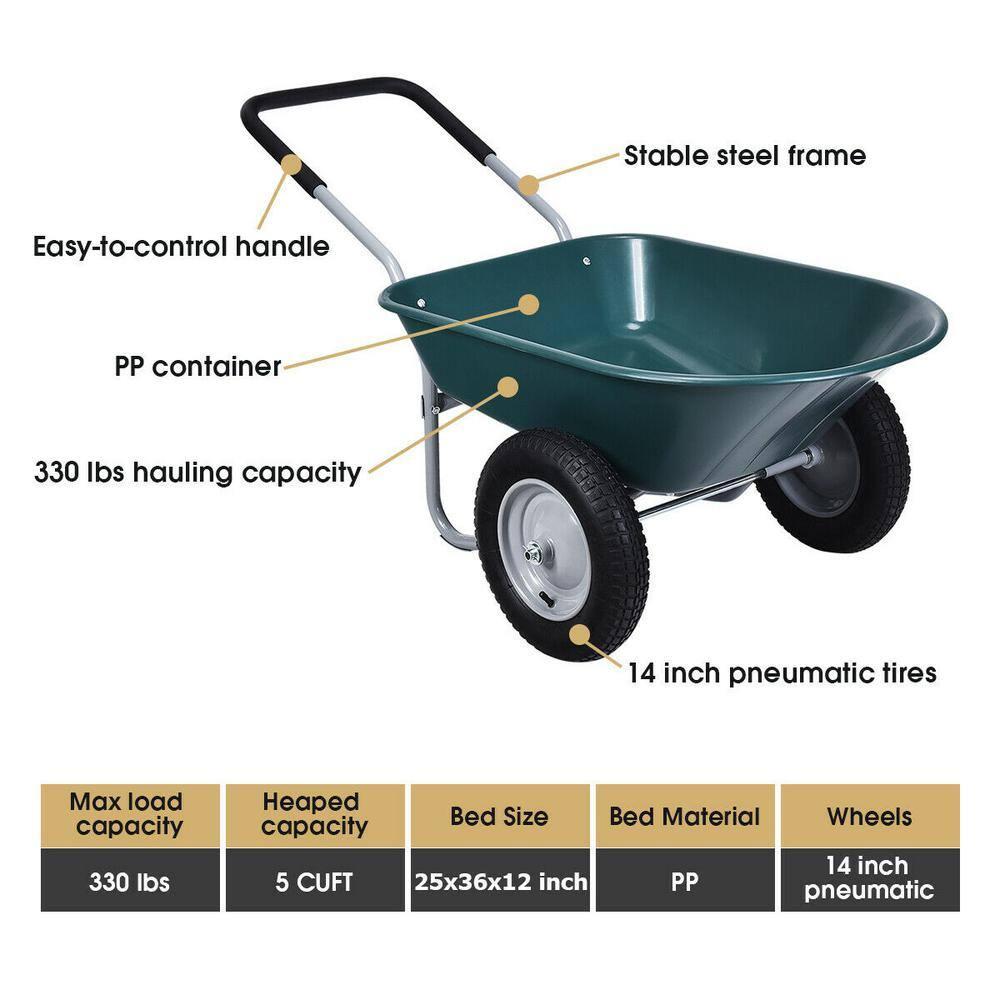 Costway 2 Tire Wheelbarrow Cart Heavy-duty Dolly Utility Cart Green