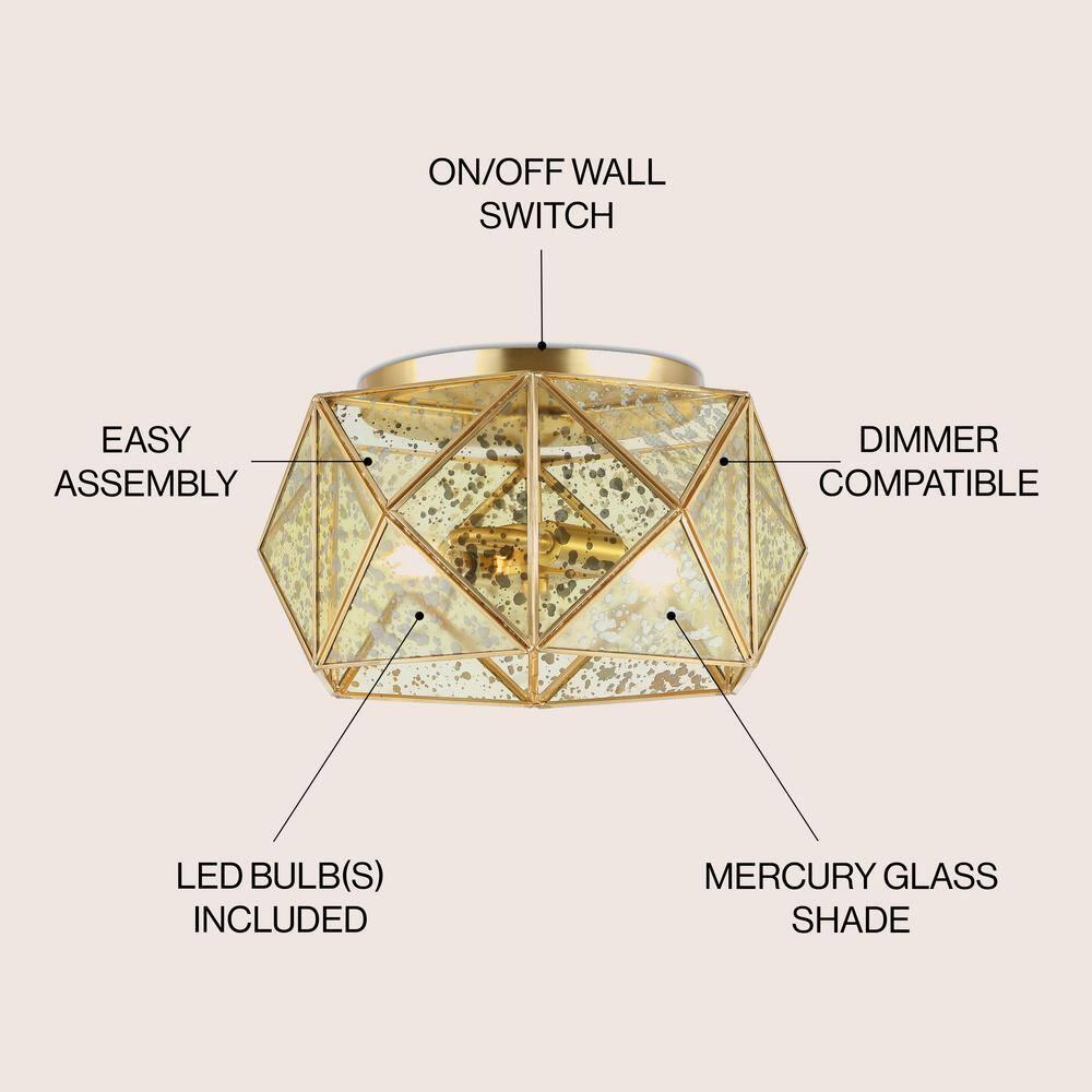 JONATHAN Y JYL9927A Violet 12.5" 2-Light Industrial Vintage Iron/Glass LED Flush Mount Farmhouse Modern 2700K Cozy Warm Light Kitchen Hallway Bathroom Stairwell Entryway Foyer, Brass Gold