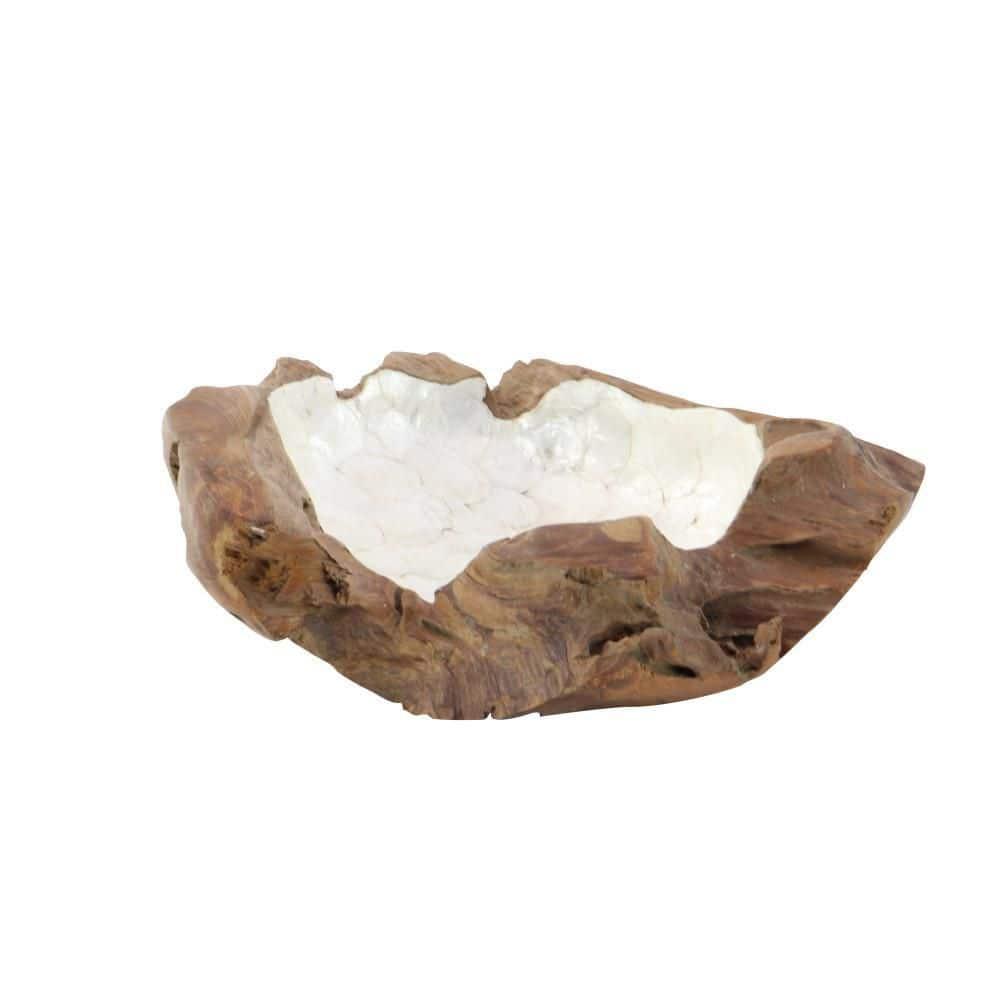 DecMode 16" Handmade Round Live Edge Free Form Brown Teak Wood Decorative Bowl with Capiz Interior