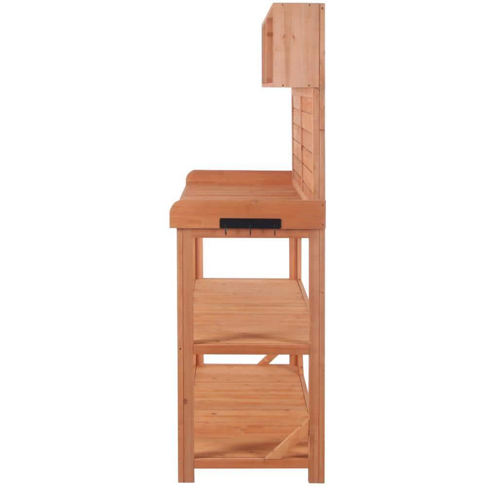 Wooden Potting Bench, 65" Large Wooden Farmhouse Rustic Outdoor Potting Bench Table, Patio Workstation, Garden Potting Bench with 4 Storage Shelves, Splash Plate & 3 Side Hooks, Natural