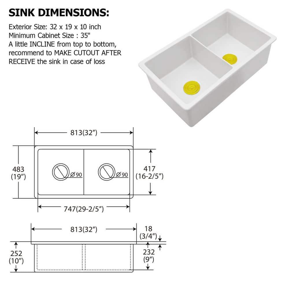 Sarlai 32'' L x 19" W White Ceramic 50/50 Double Basin Drop-In/Undermount Kitchen Sink with Sink Grids S-CSU3219-55