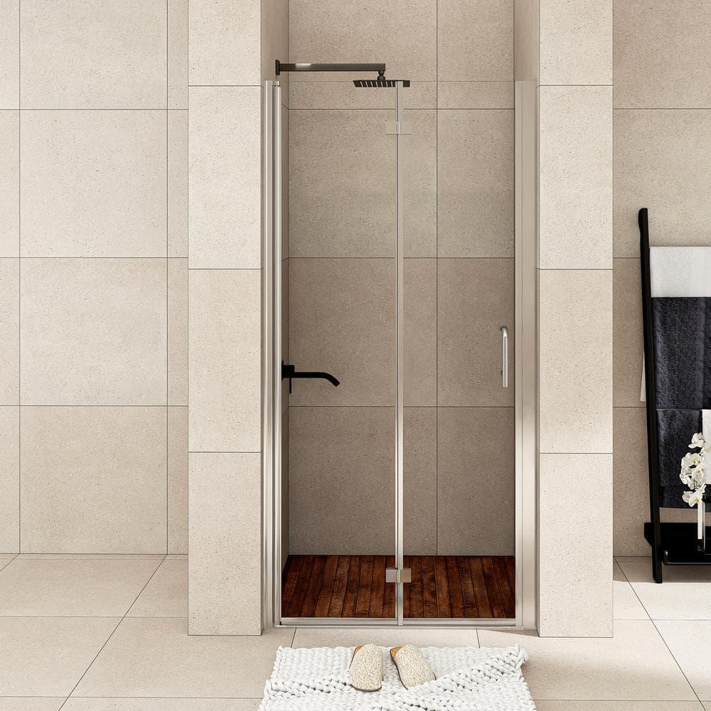 Sarlai 30 - 31 3/8" W x 72" H BiFold Frameless Glass Shower Door with Clear Tempered Glass S-SD3072BF-CH