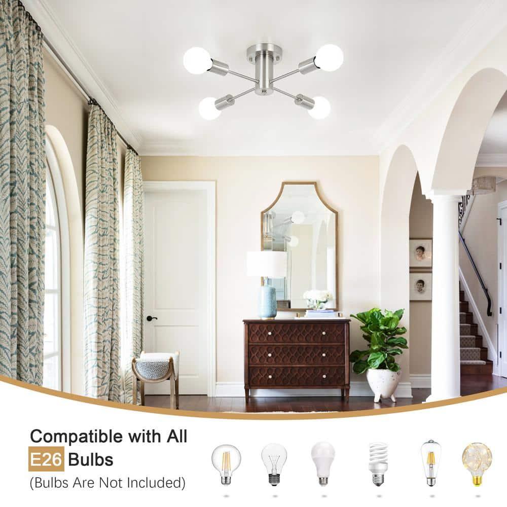 Sputnik Chandeliers, 4 Lights Kitchen Lighting Fixtures Ceiling Brushed Nickel Chandelier, Semi Flush Mount Ceiling Light Fixture for Bedroom Hallway Kitchen Living Room Dining Room
