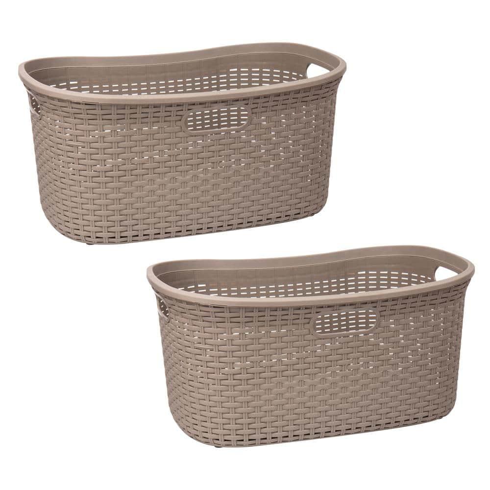 Mind Reader 40L Laundry Basket, Clothes Hamper, Lid, Wicker Design, Plastic, 23"L x 14.5"W x 11"H, Set of 2, Tan