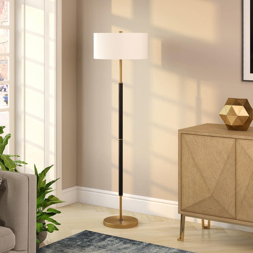 Evelyn&Zoe Simone 2-Light Floor Lamp with Fabric Shade, Matte Black/Brass/White