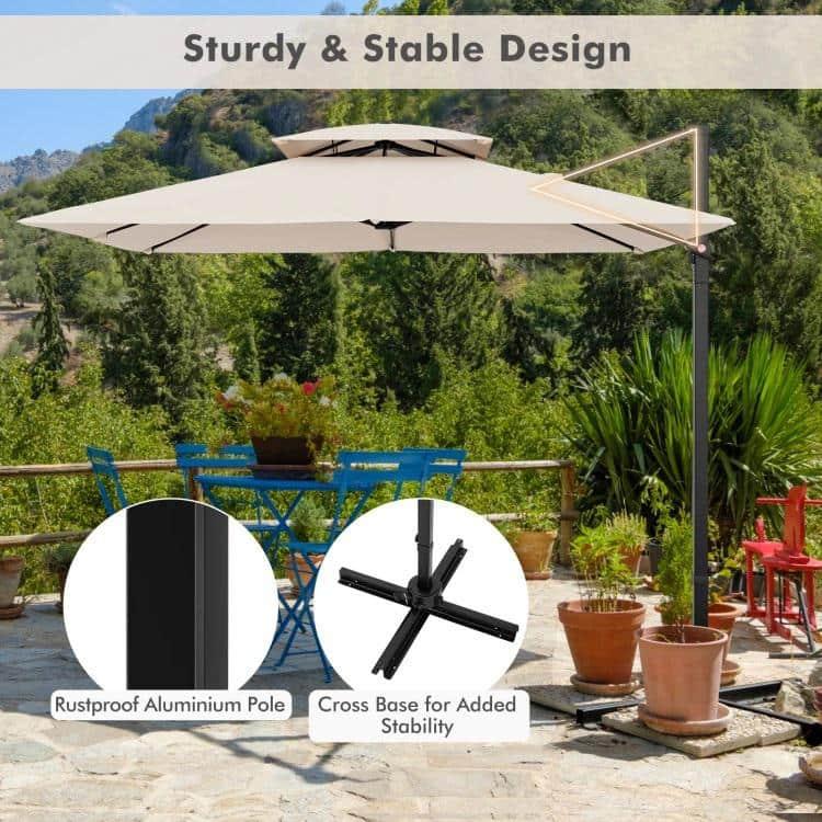Tangkula Patio 9.5FT Square Cantilever Offset Umbrella Double Vented 360° Heavy Duty Beige